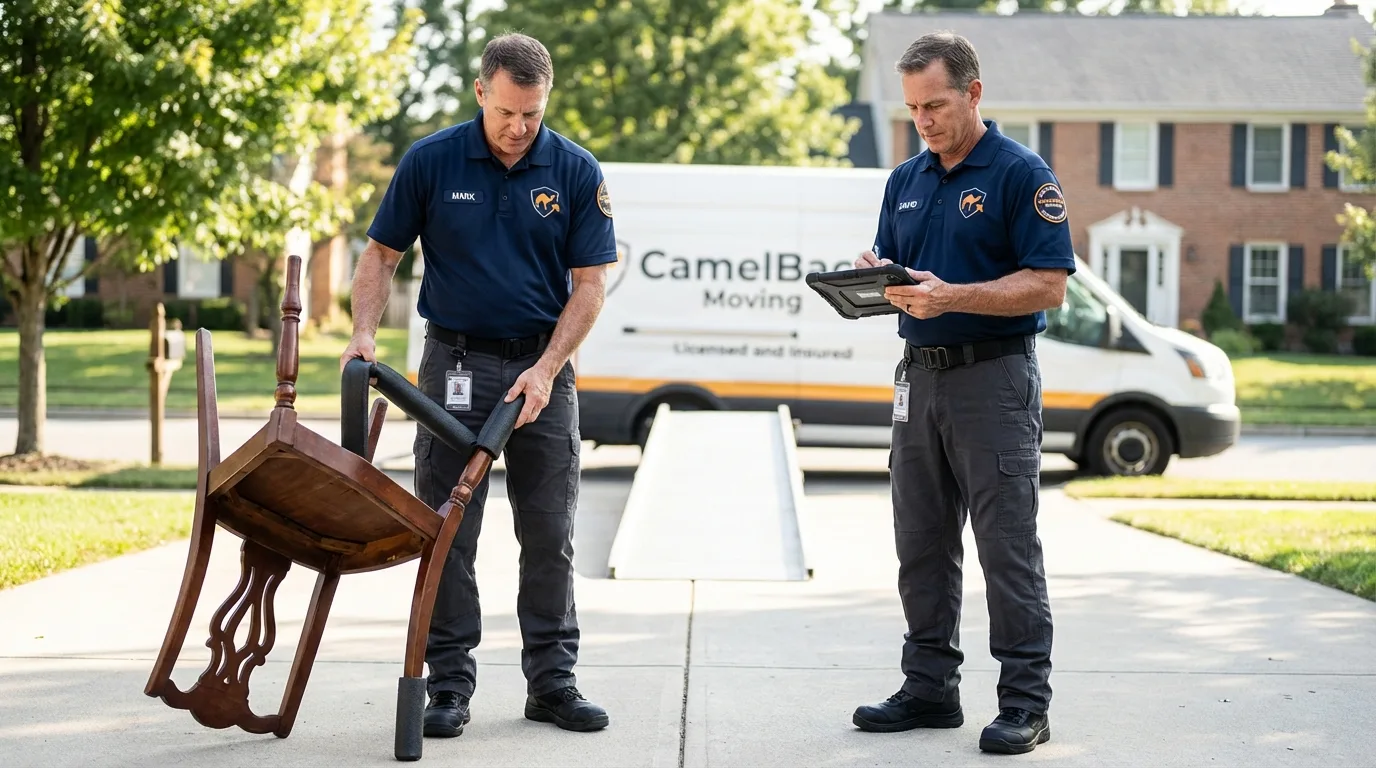 Movers inspecting furniture for damage prevention before loading in Conyngham, PA