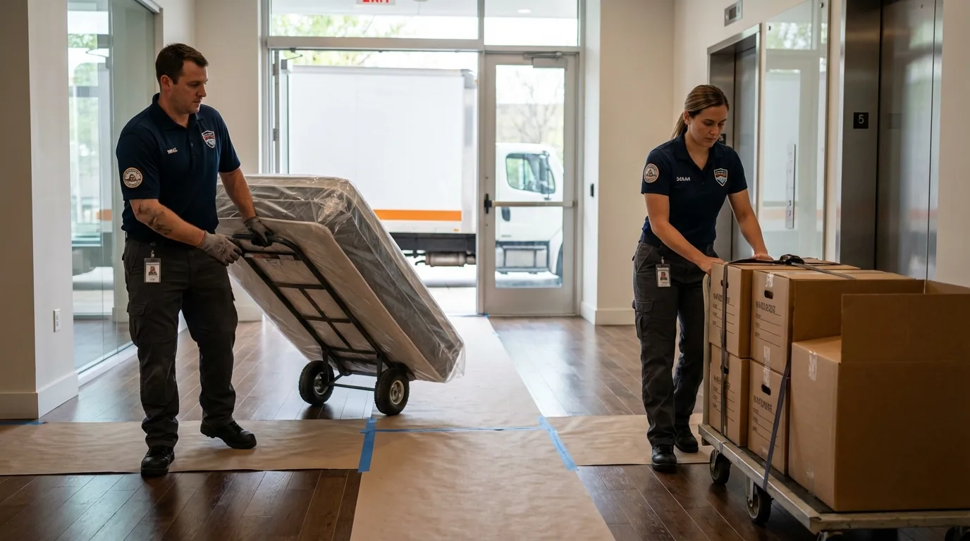 Professional apartment movers loading elevator in Conyngham, PA